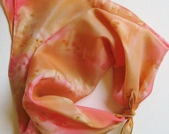 SALE Hand Painted Silk Square Scarf - Hand Dyed Bandana Pink Salmon Coral Peach Orange