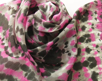 SALE Hand Painted Silk Scarf - Handpainted Scarves Pink Black Magenta Fuchsia White Gray Grey Tie Dye