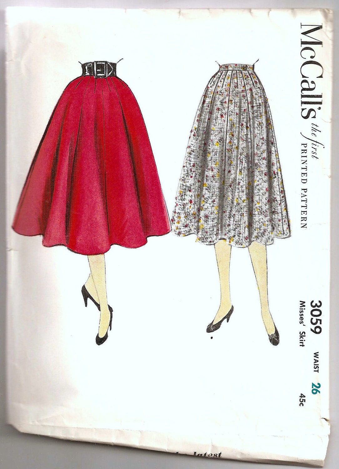 Vintage 1954 Womens Full Skirt Pattern Size 26 Waist Mccalls