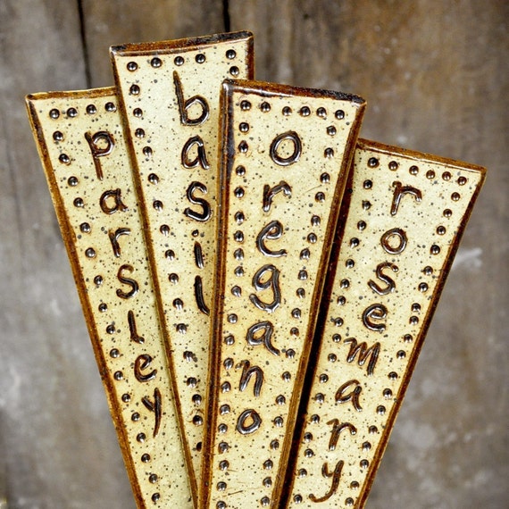 Rustic handmade ceramic HERB stakes garden markers Set of 4