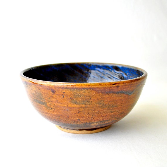 Hand thrown Ceramic Bowl Denim Blue and Leather by GlazedOver