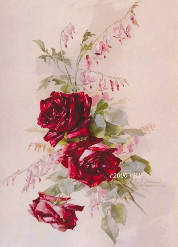 PRINT FREE SHIP Victorian Cabbage Roses and Bleeding Heart C