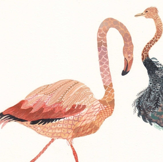 Ostrich and Flamingo Original watercolor painting