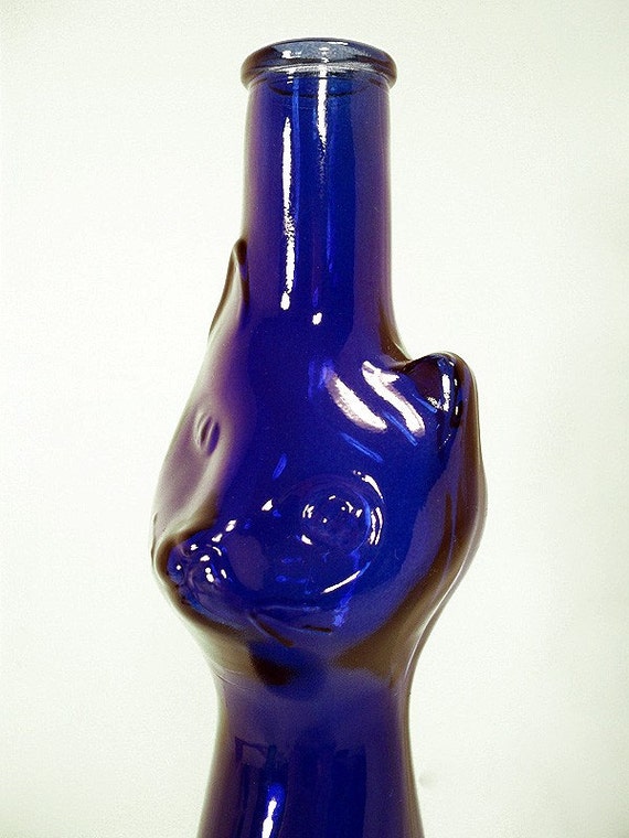Unique 13 inch Cobalt Blue Cat Glass Bottle made in by DecoDeli
