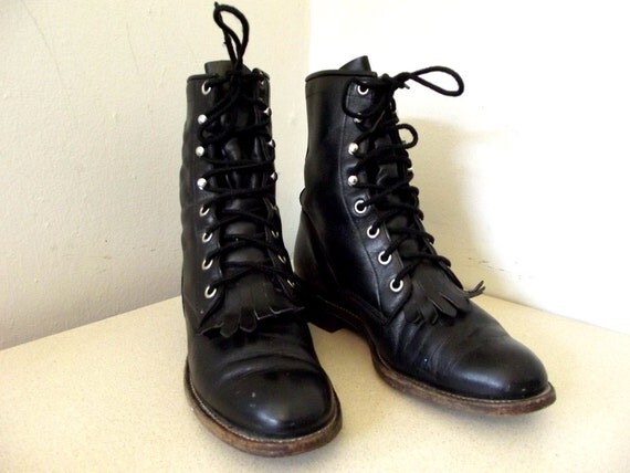 Vintage Black Leather Lace Up Cowboy Boots Combat style