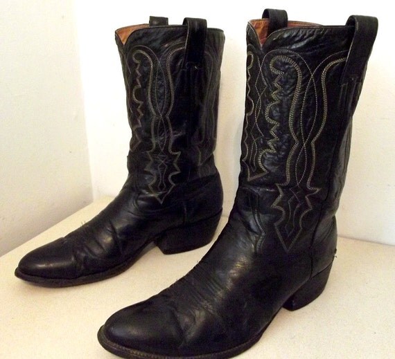 Vintage Black leather Rockabilly Style Western Cowboy boots