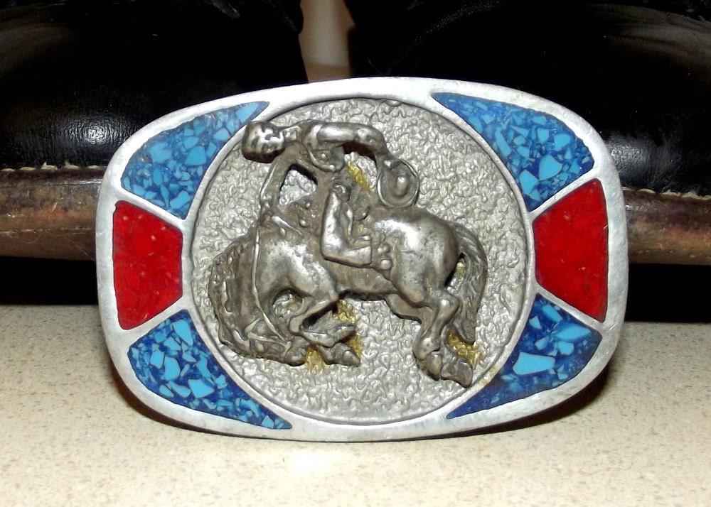 VIntage Rodeo Saddle Bronc Rider Cowboy Belt Buckle with silver blue ...