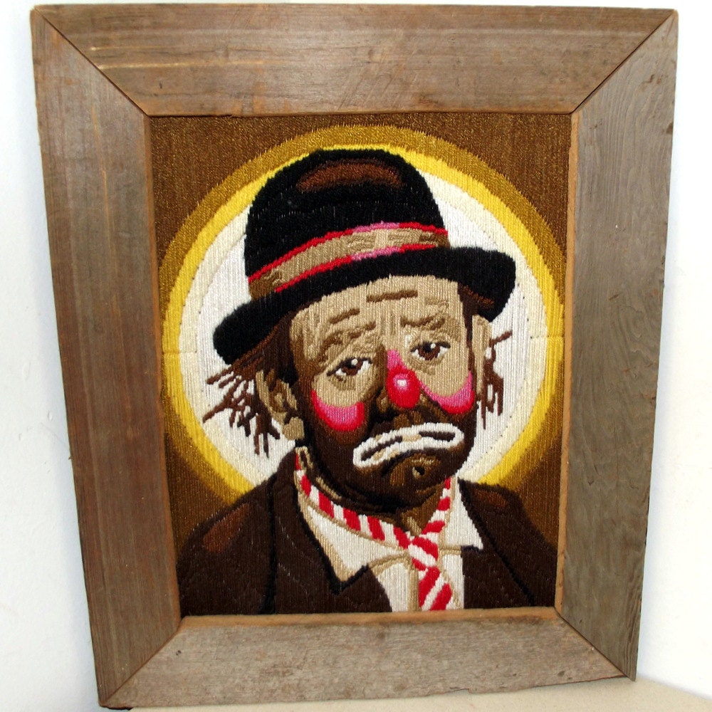 Vintage Yarn Art Sad Clown Portrait In A Barnwood Frame   Il Fullxfull.323623091 