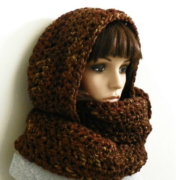 of Blend scarf  crochet  Chunky , Hand hooded Hooded Wool Crocheted  pattern in Shades Brown oversized Scarf