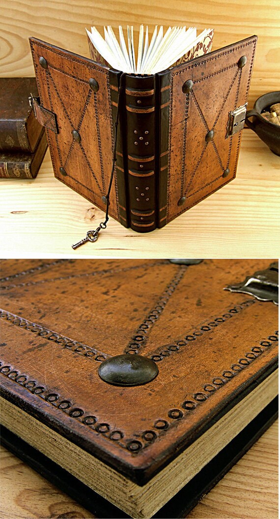 Leather Journal / Blank Book with Lock and Key Brown Antiqued