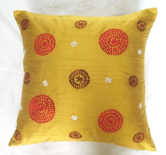 mustard yellow gold throw pillow cover with red and brown