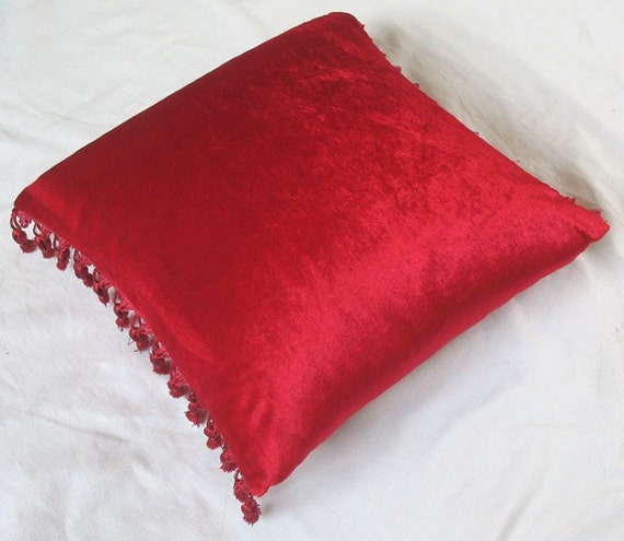 Items similar to red velvet cushion cover with tassel detailing 16X16 ...