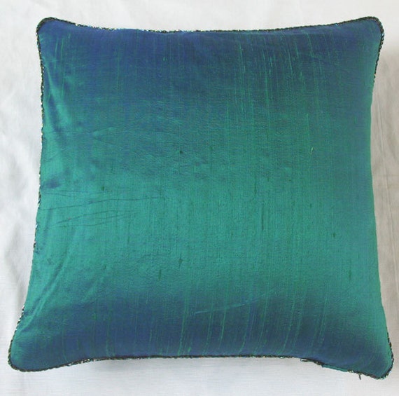 peacock green throw pillow cover with bugle bead paiping