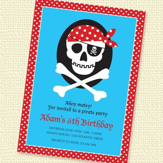 Pirate Skull Red Birthday Party Invitation Printable Custom Personalized (Digital File) Il_570xn