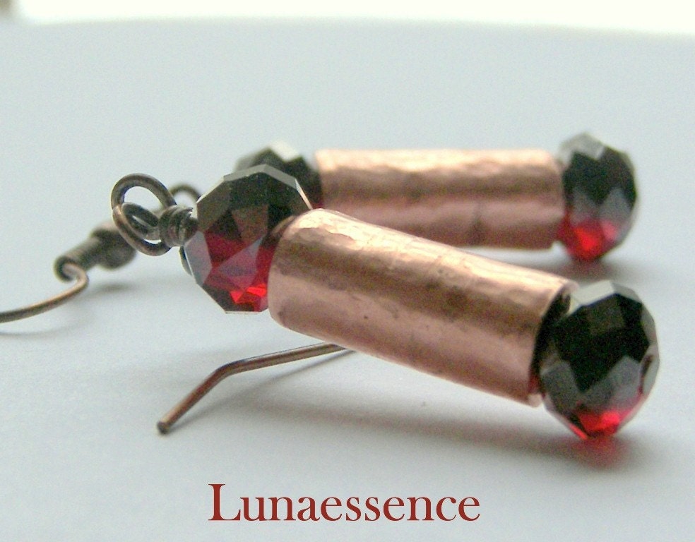 Red Earrings Hammered Copper Tube by LunaEssence on Etsy
