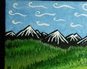 Mini painting. Dreaming in the mountains - 5 x 3 inches small painting on canvas.