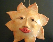 Sun face, ceramic wall art. Yellow sun face.