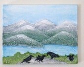 Landscape with crows original acrylic painting. Crow's picnic.