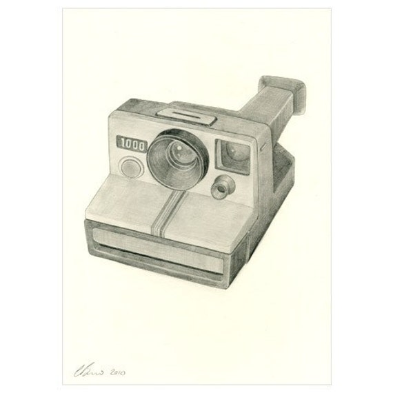 Original graphite drawing of a polaroid camera