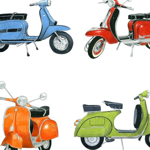 12 RETRO SCOOTER DRAWINGS Limited Edition Print