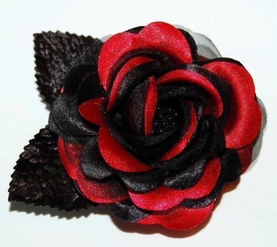 Pinup Hair Accessories RED BLACK Rose Hair Clip Flower
