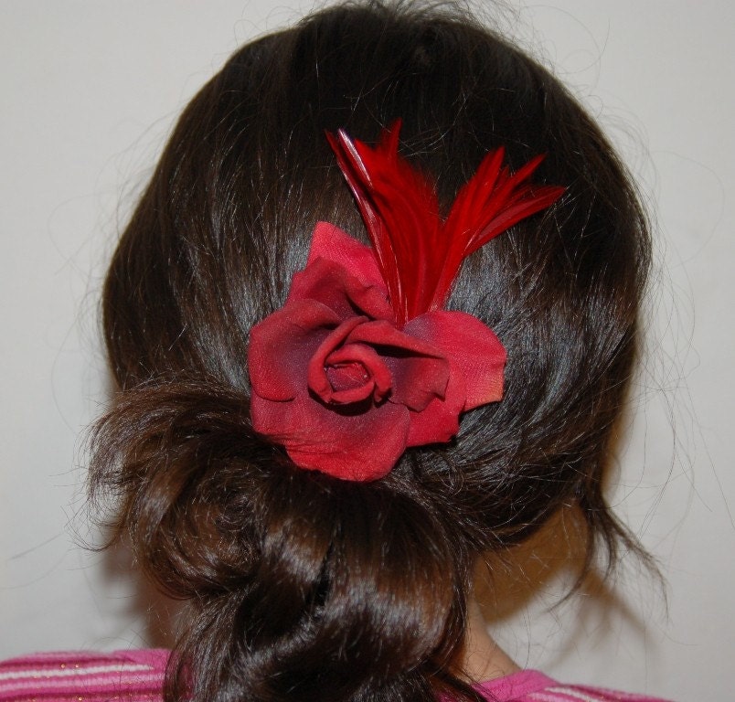 SEXY Dark Red SPANISH Rose Flower Feather Hair Clip