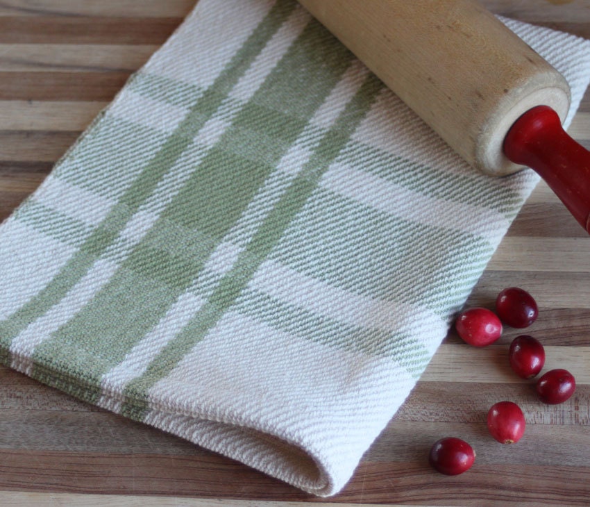 Handwoven tea towel / sage green ivory farmhouse plaid