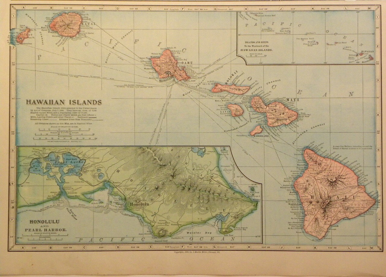 Antique 1899 Atlas Map of Hawaiian Islands including Pearl