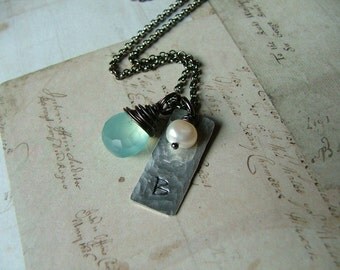 Just the beach and me Custom Hand Stamped Hammered Aluminum Necklace with Wire Wrapped Blue Chalcedony & Freshwater Pearl by MyBella