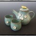 White Cherry Blossom and Yellow Butterfly Teapot and Two Tea cup Set in Turquoise