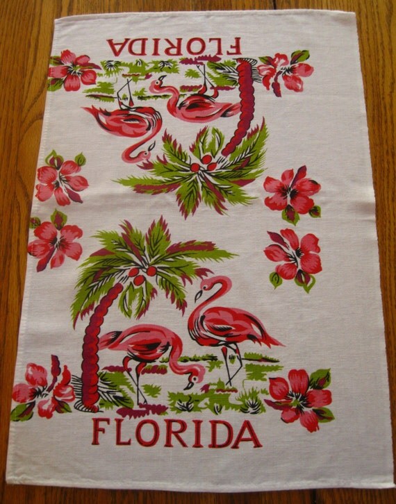 Vintage Florida souvenir tea toweling fabric pink flamingos