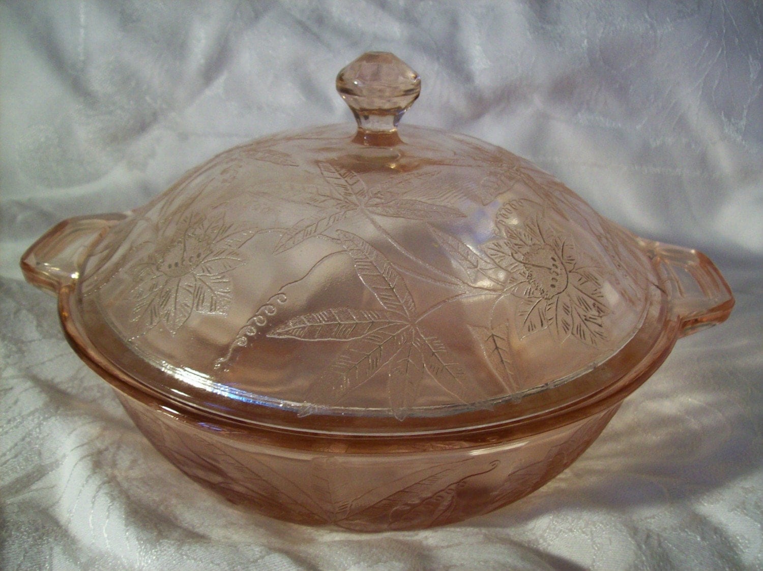 pink depression glass covered serving dish by TibbityFig on Etsy