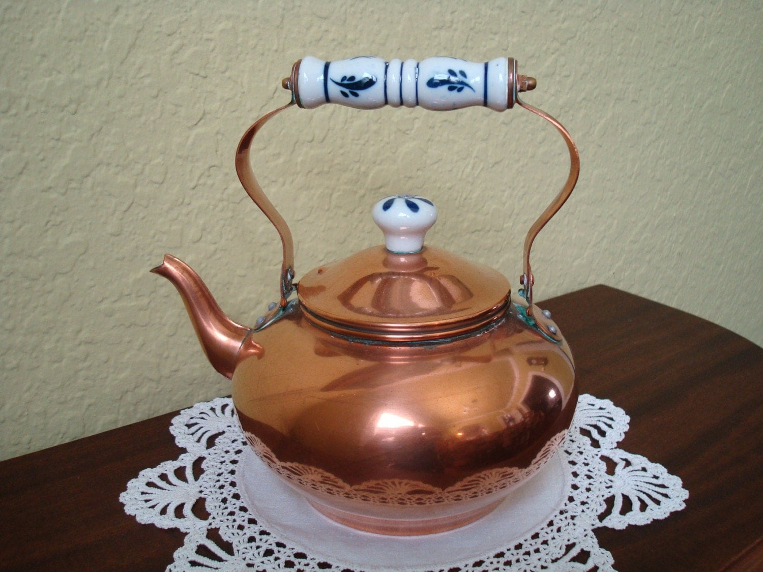 Vintage Solid Copper Teapot Tea Kettle Porcelain Accents