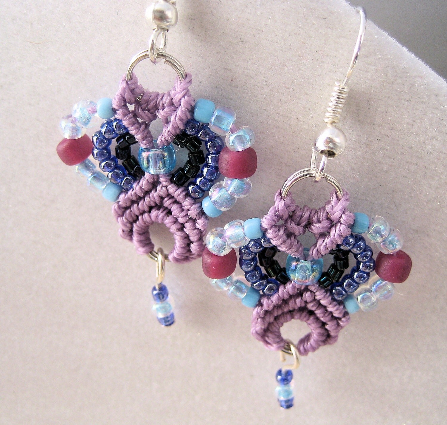 Beaded Macrame Earrings in Orchid Purple Teal and Navy