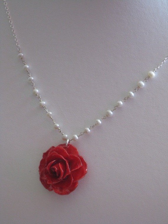 Real Rose Pearl Necklace Red Sterling Silver Flower