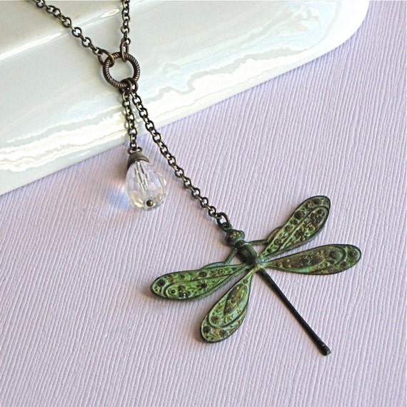 Dragonfly Necklace Lariat Style Verdigris Patina Brass