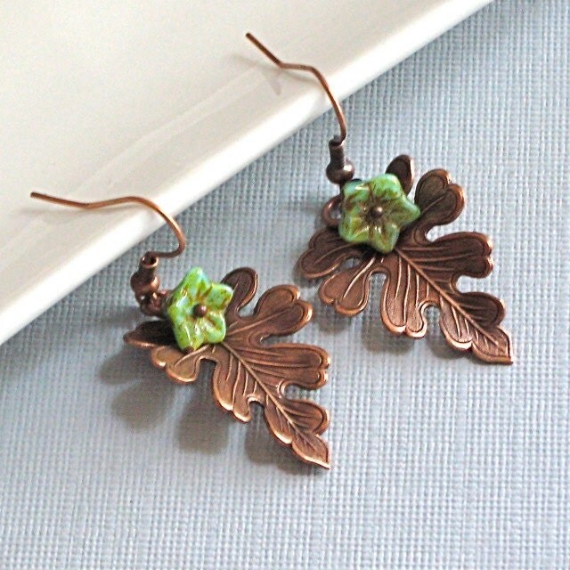 Copper Leaf Earrings Jewelry Oak Turquoise Czech by mcstoneworks