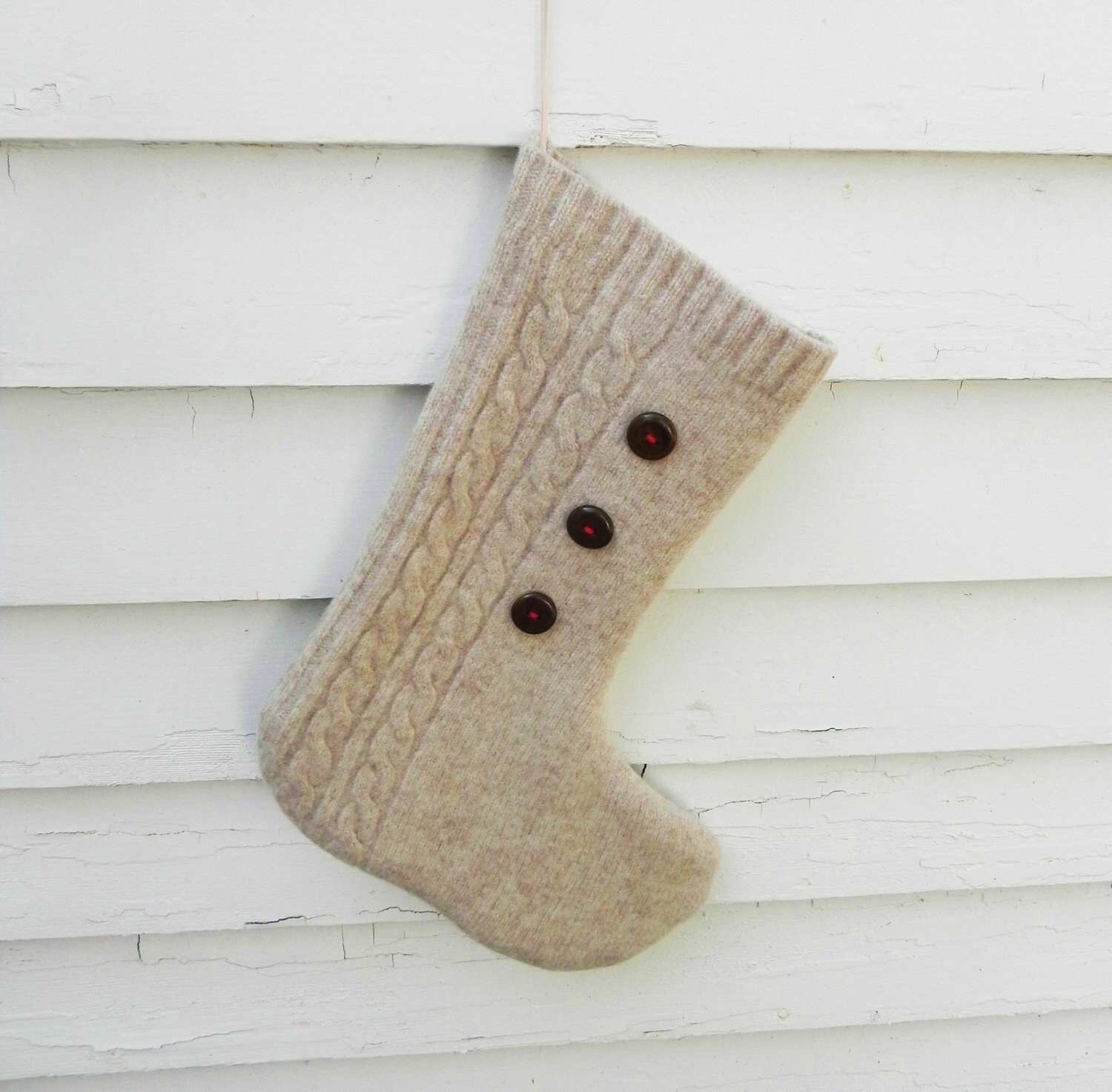 Oatmeal Button Wool Stocking Ready to Ship