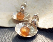 Sterling Silver Hammered Textured Disc with Wire Wrapped Carnelian Briolette Earrings - Gemstone Silver Earrings