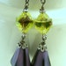 VINTAGE BEAD EARRINGS Pyramid Power- German Amethyst Glass, Fire Polished Peridot Czech glass