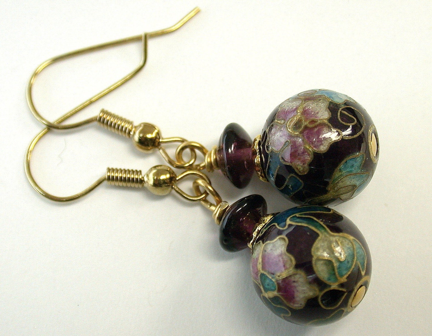 Vintage Chinese Cloisonne Bead Earrings PurpleTurquoise