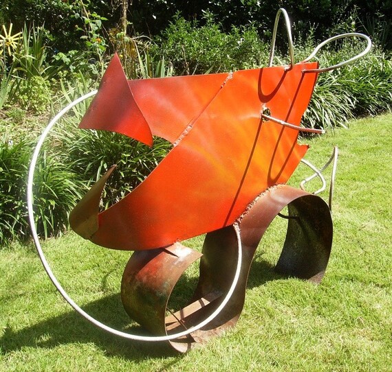 Metal art sculpture Red Fish from the Sticks welded painted