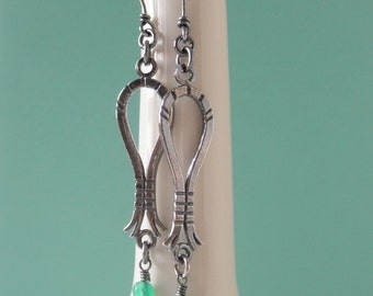 Green Agate Sterling Silver Earrings. Oxidized Dangling Stone. Dangle Drop Earring