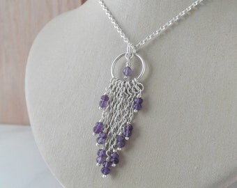 Sterling Silver Necklace. Cascade Pendant with chain & amethyst stone beads.