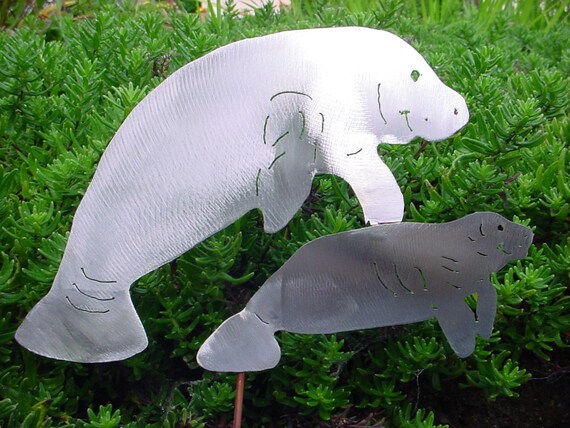 Manatee Sea Cow Metal Lawn Decor Steel Yard Art Plant Stake