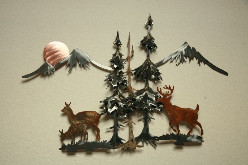 Buck Doe Deer Fawn Mountains Pine Tree Trees Sun Steel Wall