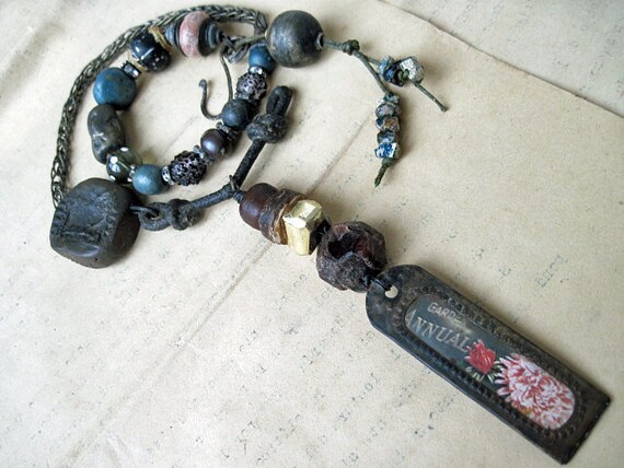 Dream of Existing. Primitive Rustic Choker with Ceramics, Garnet Roman Glass, Antique Tag, Pyrite.