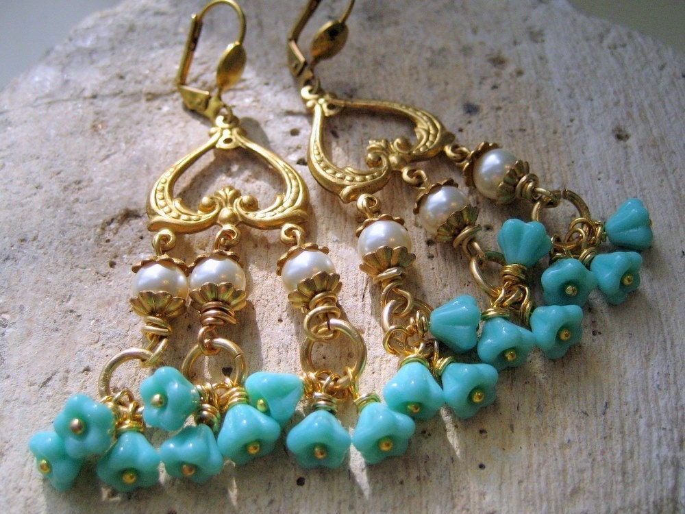 Long Dangle Earrings.Vintage Brass Pearl Turquoise