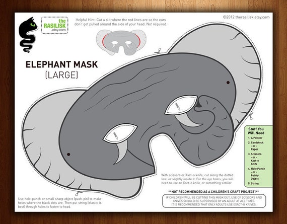 Elephant Childrens Halloween Mask Party Mask Printable PDF