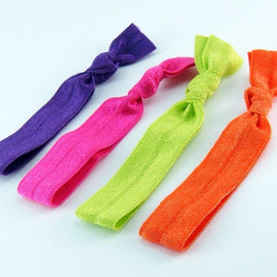 4 Elastic Hair Ties Ponytail knotted neon fluo purple pink